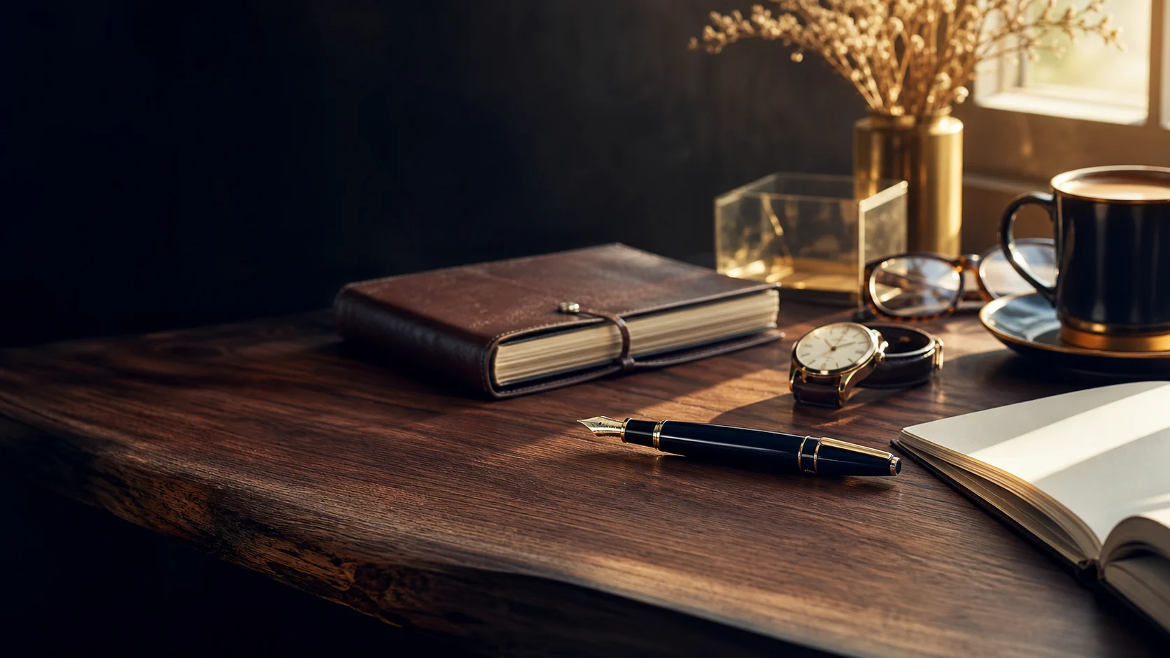 Eleganter Füllfederhalter auf handgefertigtem Holztisch mit Notizbuch, Lederjournal, Uhr, Brille und Kaffee