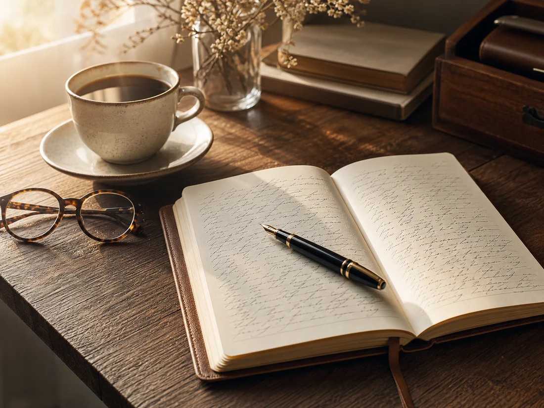 Offenes Notizbuch mit Füllhalter, Kaffee und warmer Morgensonne